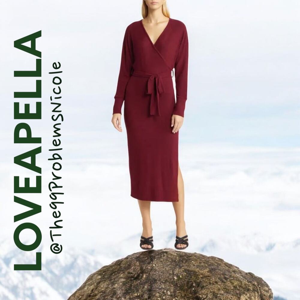 Loveapella Long Sleeve Faux Wrap Red Midi Dress